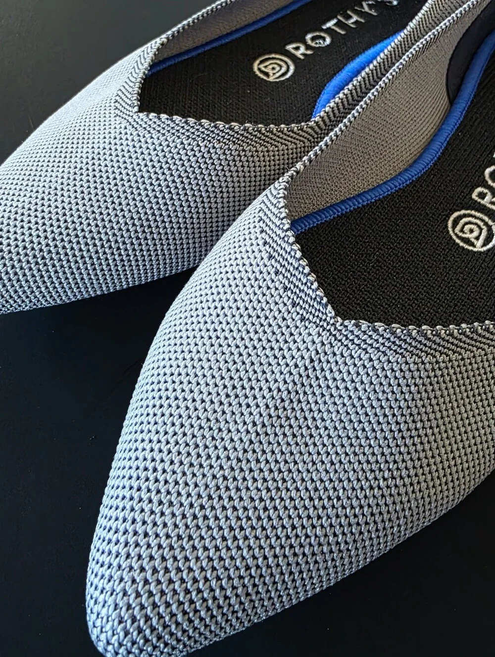Rothy's Pointed Knit Flats in Light Gray with Blue Trim 8.5